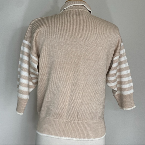 Vintage FIA Italia Handloom Women's Tan White Stripe Knit Sweater Size Medium - Picture 8 of 12